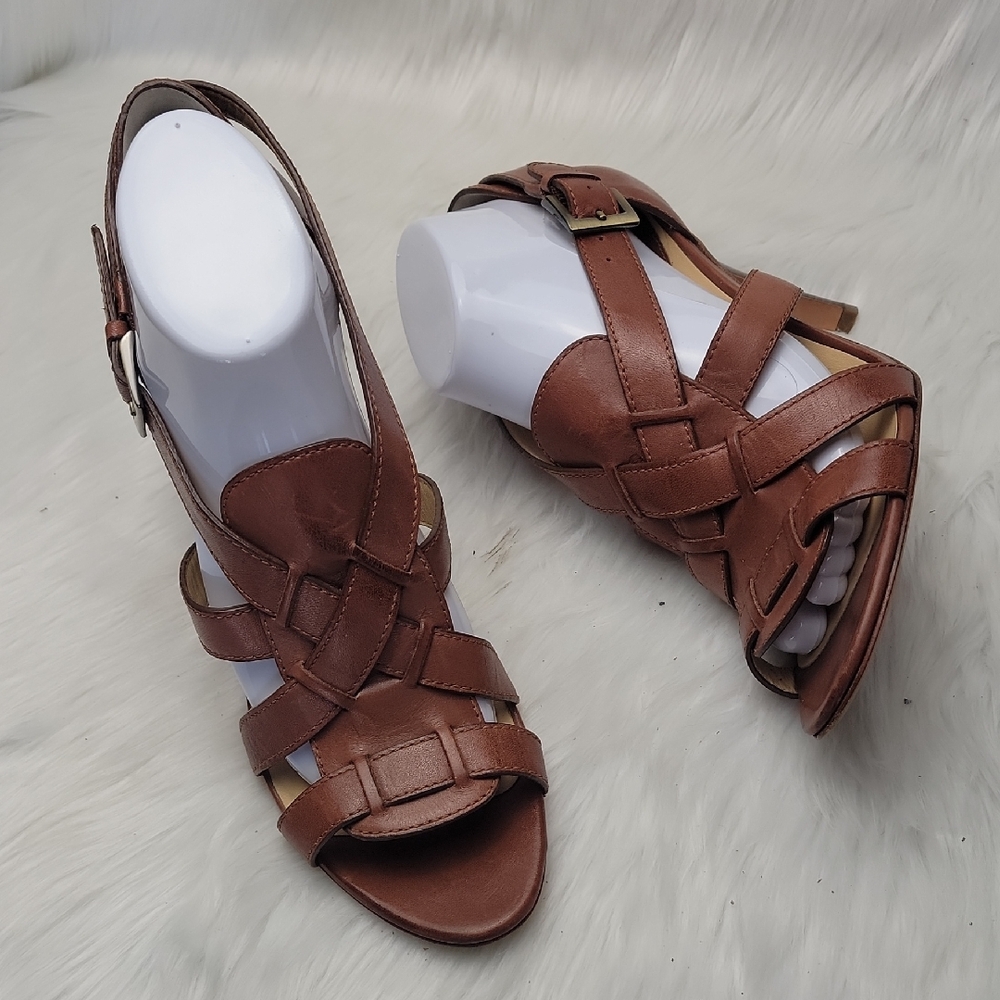COLE HAAN Brown Leather Strappy Open Toe Ankle Strap Office Dress Sandal Heels